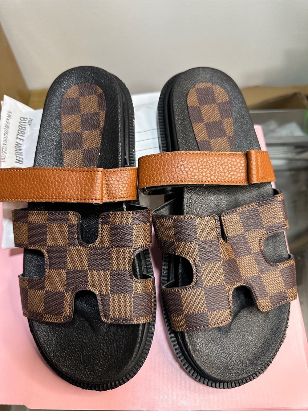 Women's Brown Check Slide Sandals with Tan Strap